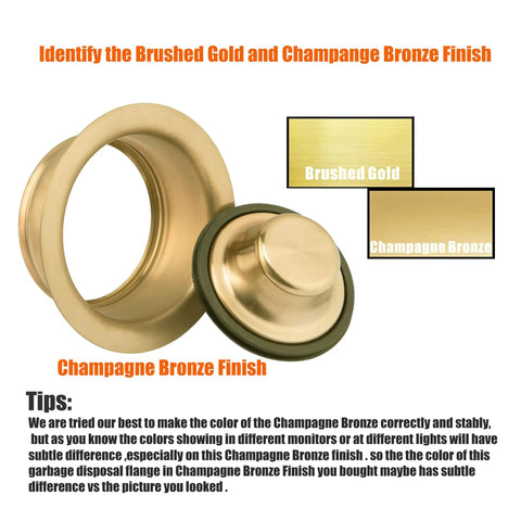 Universal Three And One Half Inch Kitchen Sink Flange And Stopper Kit For Garbage Disposals Champagne Bronze finish comparison