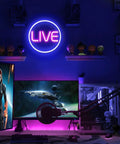 Blue And Pink LED On Air Neon Sign For Streamers Influencers And Gamers, USB powered in gaming setup with monitors and microphone.