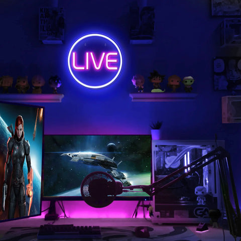 Blue And Pink LED On Air Neon Sign For Streamers Influencers And Gamers, USB powered in gaming setup with monitors and microphone.