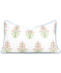 Coastal Patio Lumbar Pillow Cover 12x20 Inches Water Repellent Floral Pattern in Pink Green Baby Blue with Piping, front view