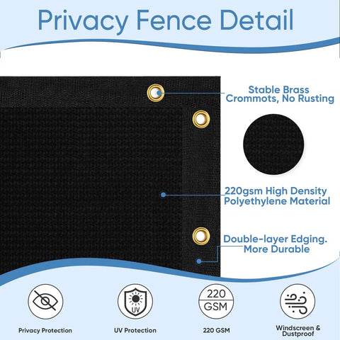 Close-up of 6 Foot By 50 Foot Privacy Screen Fence Heavy Duty Windscreen 220 GSM HDPE With 98 Percent Coverage Black For Patios Poolside And Creating Cozy Outdoor Privacy Spaces showing brass grommets and material.
