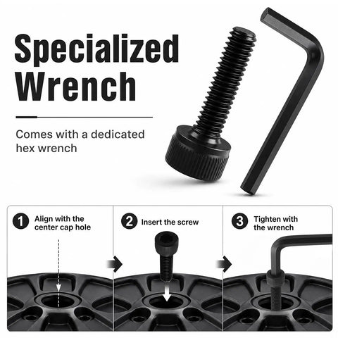 Fuel Wheel Center Cap Screws Replacement Kit With Hex Wrench, Corrosion Proof Thread Locking Bolts For 1001-63B Models, specialized wrench and screw installation steps.