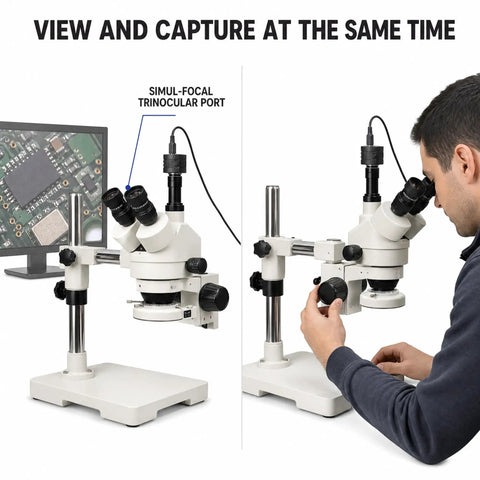 Trinocular Stereo Zoom Microscope 3.5X to 90X With Led Lighting 45 Degree Rotating Head and 360 Degree Trinocular Port for Digital Cameras or Touch Screens Interpupillary Range 54 to 76mm Eyepiece With Six Diopter Adjustment on boom stand with monitor