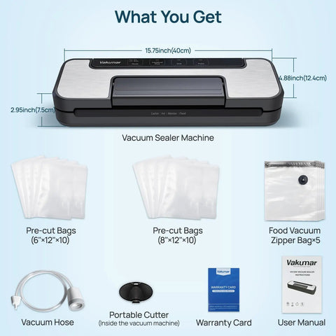 Heavy Duty Vacuum Sealer With 80Kpa Dual Pump, Dry And Moist Food Sealing, shown with accessories and dimensions
