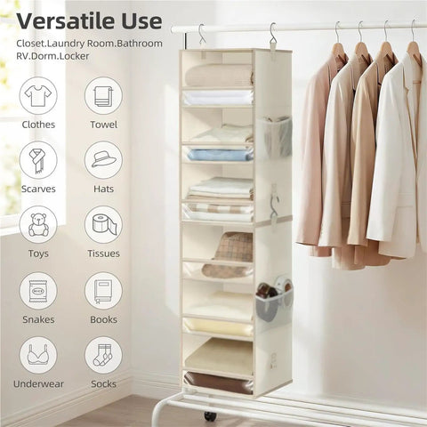 3 Tier Hanging Closet Organizer With Adjustable Detachable Shelves And Clear Window Panels For No Sweat Storage Socks Hats Gear Clean And Crisp Quick Grab Setup with folded items and hanging jackets.