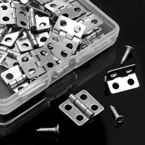 Hella Durable Mini Cabinet Hinges Offer A Crisp Silvery White Finish That Takes Daily Bashing Without Giving Out Includes Thirty Compact Units Ready For Any Quick Household Fix, 30 pack of silver iron hinges with screws.