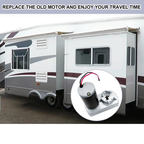 High-Performance RV Slide Out Actuator Motor Replacement Assembly for Through-Frame Systems with 18:1 Gear Ratio and 12V DC Power – Plug and Play Design for Easy Direct Fit Installation – OEM Standard Compatible with 24-Inch and 40-Inch Frames displayed with RV slide-out.
