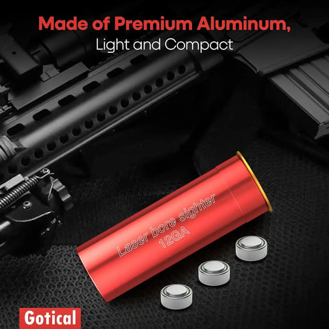 Premium 12 Gauge Laser Bore Sight For Shotguns Precision Red Dot Zeroing Aid, compact aluminum design with batteries.