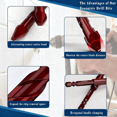 Larouoba red 10pc eccentric drill bit set with hex shanks; front, side, and tip close-up views.
