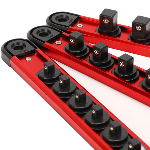 Close-up of Magnetic Socket Rail Organizer with 42 slots featuring spring-loaded ball locks and red sliding clamp system.