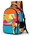 Vibrant Dual Tone Orange Cyan Patchwork Cow Print Unisex Backpack with large capacity visible side view durable polyester design