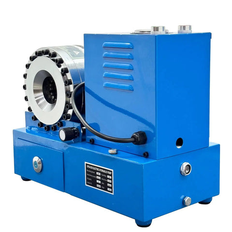 Heavy Duty Electric Hydraulic Hose Crimping Machine With Eight Precision Dies One Touch Controls And Live Gauge Readouts side view showcasing durable metal build.