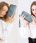 Women holding RFID Blocking Vegan Leather Wallet For Women With Large Capacity Card Holder And Phone Clutch Wristlet Purse For Travel And Daily Use With Zipper Closure Durable Soft Material And Anti Brassing Metal Fittings Blue