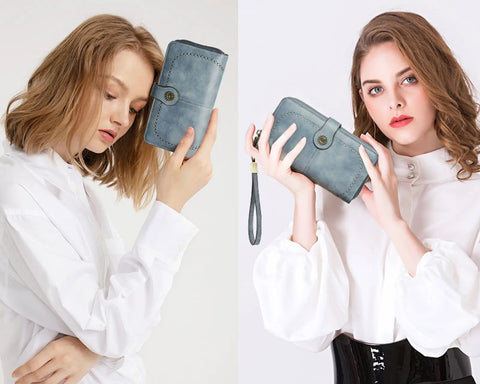 Women holding RFID Blocking Vegan Leather Wallet For Women With Large Capacity Card Holder And Phone Clutch Wristlet Purse For Travel And Daily Use With Zipper Closure Durable Soft Material And Anti Brassing Metal Fittings Blue