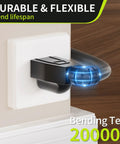 Powerful 10 Foot Indoor Extension Cord 2 Pack 13A 125V 1625W 16 Gauge showing flexible bend durability in wall outlet.