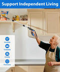 36-inch foldable grabber tool with rotating jaw and magnetic tip; blue and black handle used by a senior in the kitchen.