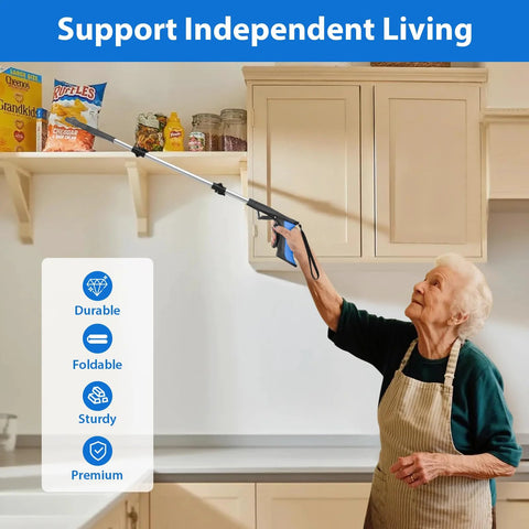 36-inch foldable grabber tool with rotating jaw and magnetic tip; blue and black handle used by a senior in the kitchen.