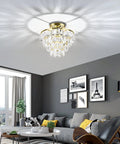 Gold Finish Crystal Ceiling Light Semi Flush Mount Chandelier With E26 Base in living room, sparkly raindrop crystals.