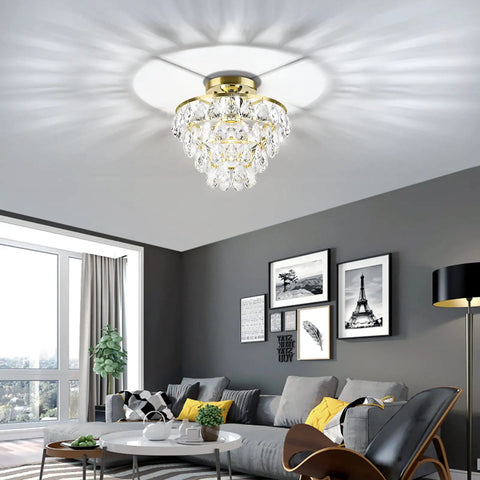 Gold Finish Crystal Ceiling Light Semi Flush Mount Chandelier With E26 Base in living room, sparkly raindrop crystals.