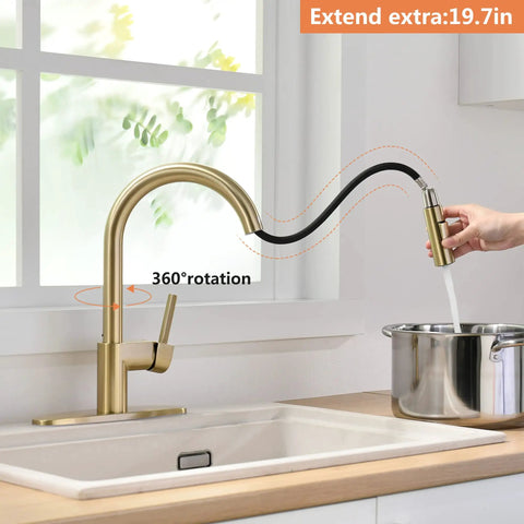 Gold Brushed Kitchen Faucet With Pull Down Sprayer Single Handle 360 Degree Swivel Low Arc Design 1 And 3 Hole Compatible