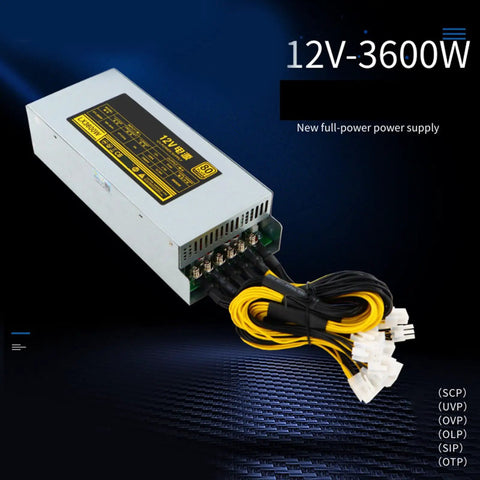 Heavy Duty 3600W Mining Power Supply For Multi GPU Rigs And Industrial Miners 180 To 265V Switching PSU With Metal Housing Quiet Operation Built Tough For Stable Power And Safety, 12V metal PSU with cables