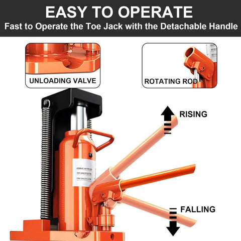Heavy Duty Workhorse Hydraulic Toe Jack Lift With Five Ton Top Load And Two Point Five Ton Toe Load For Auto Repair And Emergency Use Removable Long Handle For Easy Storage Pro Heat Treated Steel Build showing operation instructions with unloading valve and rotating rod, rising and falling movements.