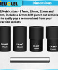 Twist Lug Nut Socket Set One Half Inch Drive Damaged Nut Lock Remover And Extractor Kit With 17mm 19mm 21mm 22mm Sockets
