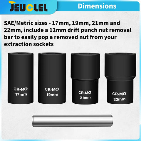 Twist Lug Nut Socket Set One Half Inch Drive Damaged Nut Lock Remover And Extractor Kit With 17mm 19mm 21mm 22mm Sockets