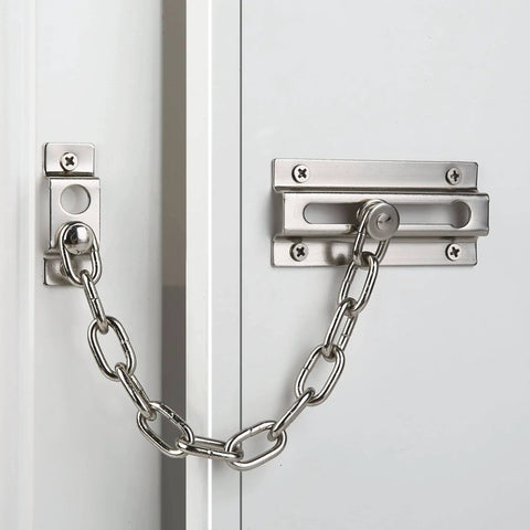 Built Tough Door Chain Lock For Inside Doors, Thickened Swing Bar Latch, installed on white door, silver finish