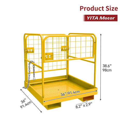Forklift safety cage, 36x36 inches, yellow steel with mesh sides and chain; angled front view