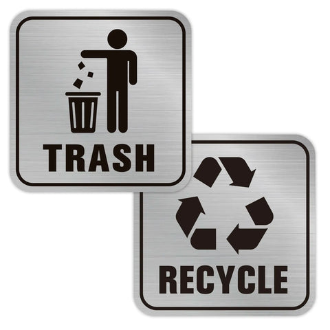 2 Pack Brushed Silver Trash And Recycling Stickers With Self Adhesive Waterproof Backing For Kitchen Office Indoor