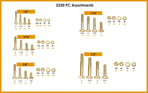 Workhorse Grade 8 Coarse Thread Hardware Assortment Kit Featuring 2230 showing 1/4" to 1/2" hex screws and nuts organized neatly.