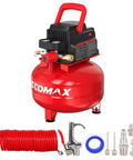 Portable Pancake Air Compressor With A Roomy Three Gallon Oil Free Tank And Heavy Duty 110 Psi Rating shows the red compressor and accessories.
