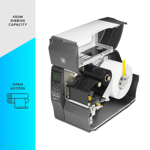 Industrial Thermal Transfer Printer With Sweet 300 Dpi Clarity And Badass Reliability For Top Shelf Label Printing Across Your Workspace showing open access for easy ribbon loading.