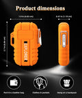 Waterproof Outdoor Lighter USB C Rechargeable Windproof Flameless Dual Arc Plasma Lighter dimensions displayed in orange