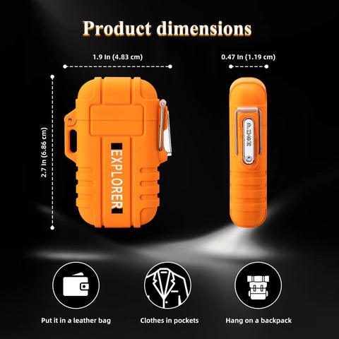 Waterproof Outdoor Lighter USB C Rechargeable Windproof Flameless Dual Arc Plasma Lighter dimensions displayed in orange