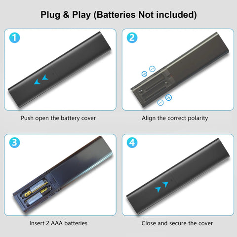 One For All Universal Replacement Remote For Samsung Smart TVs battery installation guide showing rear view and battery compartment.