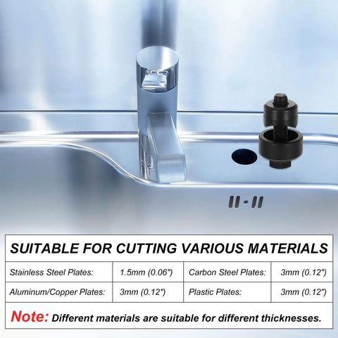 Heavy Duty Bearing Steel Sheet Metal Hole Punch Set With Hex Head Screw For Clean Circle Cuts On Thin Panels showing material thickness compatibility.
