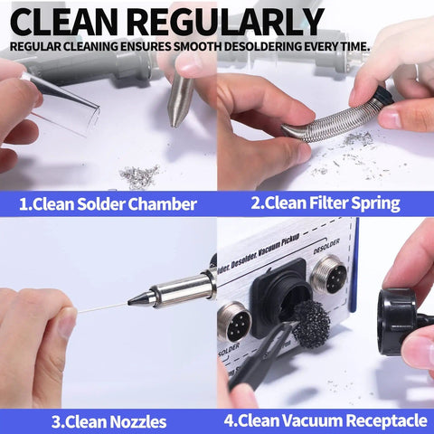 Do It All Four In One Soldering And Desoldering Kit maintenance steps showing cleaning solder chamber, filter spring, nozzles, vacuum part