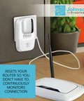 Auto Router Rebooter For Reliable WiFi And Smart Home Uptime No App Needed Text Alerts When Resets Happen Monitors Modem Health And Auto Reboots To Keep Your Internet Rock Solid shown plugged in near a router.