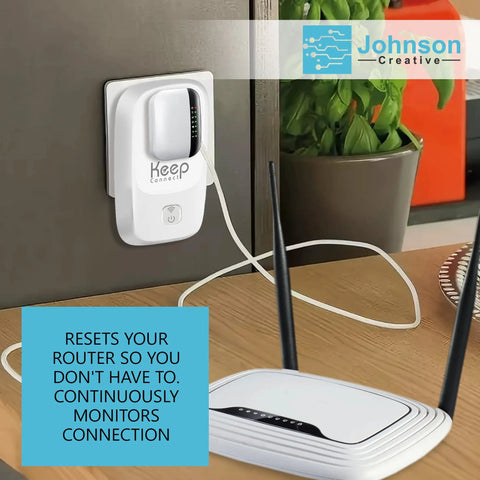 Auto Router Rebooter For Reliable WiFi And Smart Home Uptime No App Needed Text Alerts When Resets Happen Monitors Modem Health And Auto Reboots To Keep Your Internet Rock Solid shown plugged in near a router.