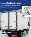 Built Tough Heavy Duty Vehicle Door Hinge For Utility And Semi Trailers With Anti Corrosion Finish Keeps Cold Storage Temperature Stable And Is Ideal For Freezers, Refrigerated Vehicles, And Garage Door Replacements. rear view on refrigerated truck door