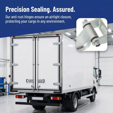 Built Tough Heavy Duty Vehicle Door Hinge For Utility And Semi Trailers With Anti Corrosion Finish Keeps Cold Storage Temperature Stable And Is Ideal For Freezers, Refrigerated Vehicles, And Garage Door Replacements. rear view on refrigerated truck door