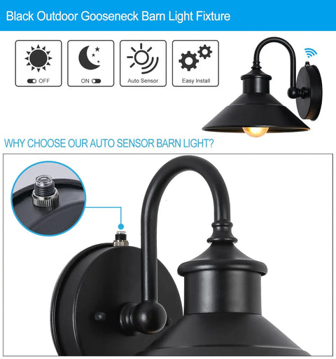 Gooseneck Barn Light With Dusk To Dawn Sensor, Wall Mount Outdoor Porch Light In Classic Black For Garden And Patio, No Fuss Auto On At Dusk Off At Dawn, Durable Farmhouse Style showing details of sensor and mounting