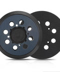 Two 5-inch hook-and-loop sander pads with 8-hole pattern; blue backing plate and black abrasive discs