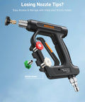 Black short pressure washer gun with swivel, 4060 PSI max, built-in nozzle holder, visible nozzles, quick-connect fittings.