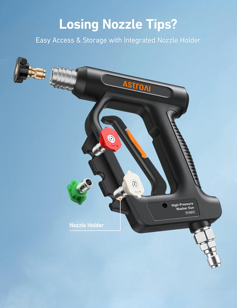 Black short pressure washer gun with swivel, 4060 PSI max, built-in nozzle holder, visible nozzles, quick-connect fittings.
