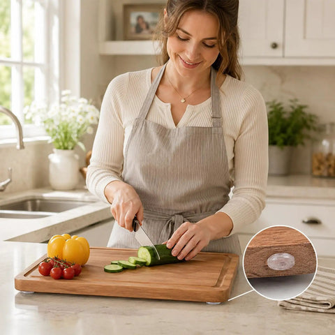 Woman using cutting board with Clear Glass Table Top No Slip Pads 48Pcs Self Adhesive Rubber Bumpers 20mm By 2mm Non Slip Dots