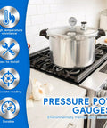 Stainless steel pressure cooker with lid gauge on a gas stove; front view.