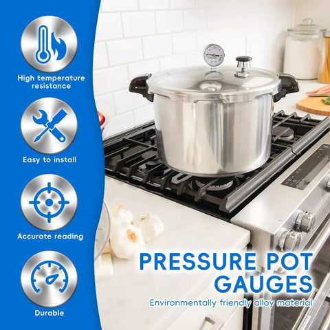 Stainless steel pressure cooker with lid gauge on a gas stove; front view.